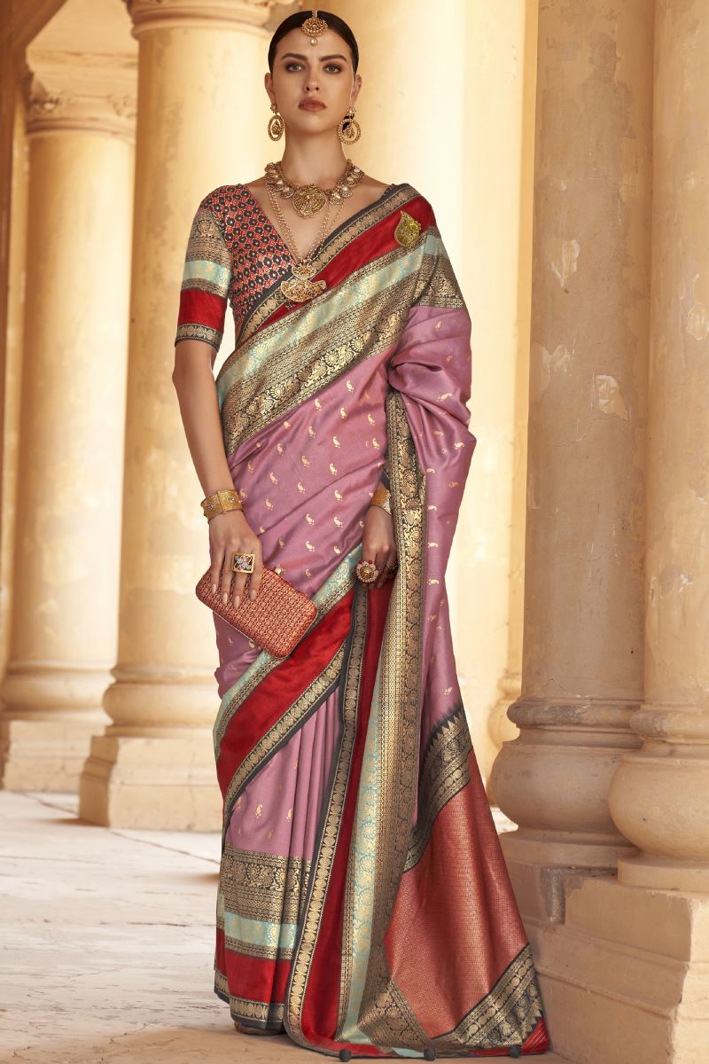 Kanjivaram Silk Fabric Wedding Wear Pink Color Fancy Weaving Print Saree With Patola Design Blouse