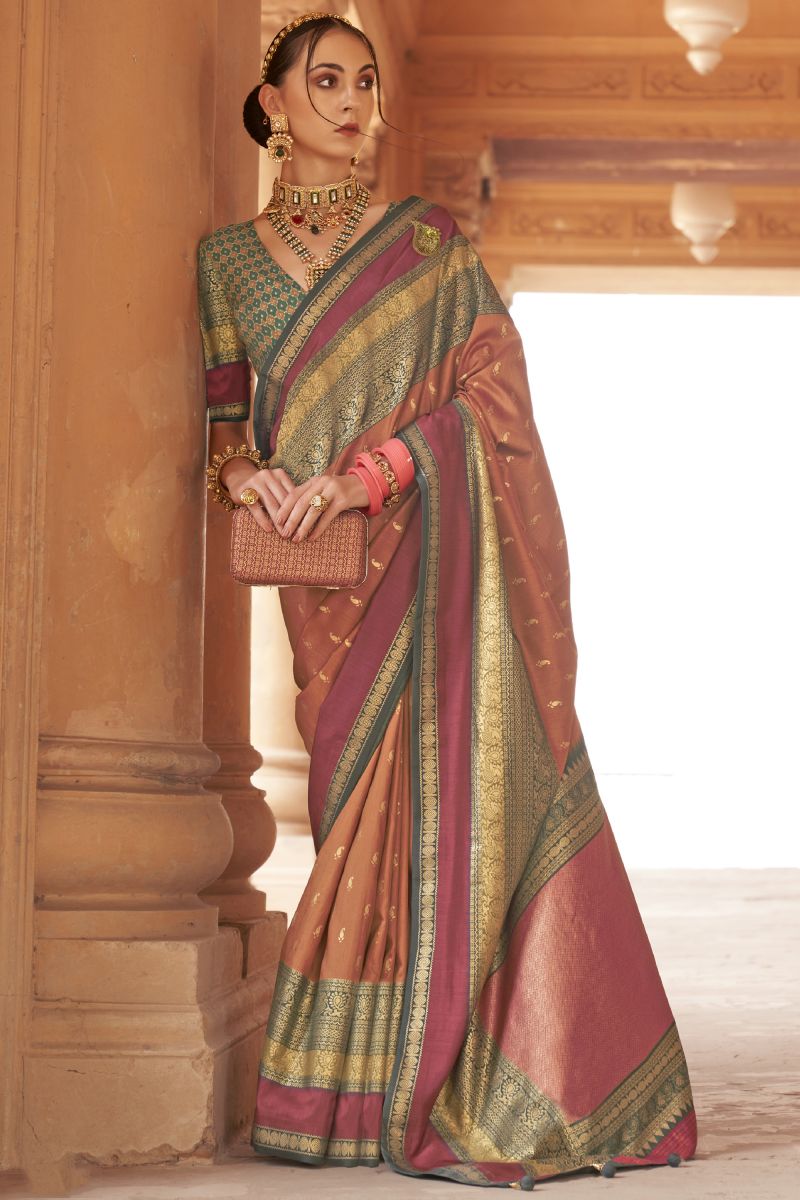 Kanjivaram Silk Fabric Weaving Print Brown Color Sangeet Wear Trendy Saree With Patola Design Blouse