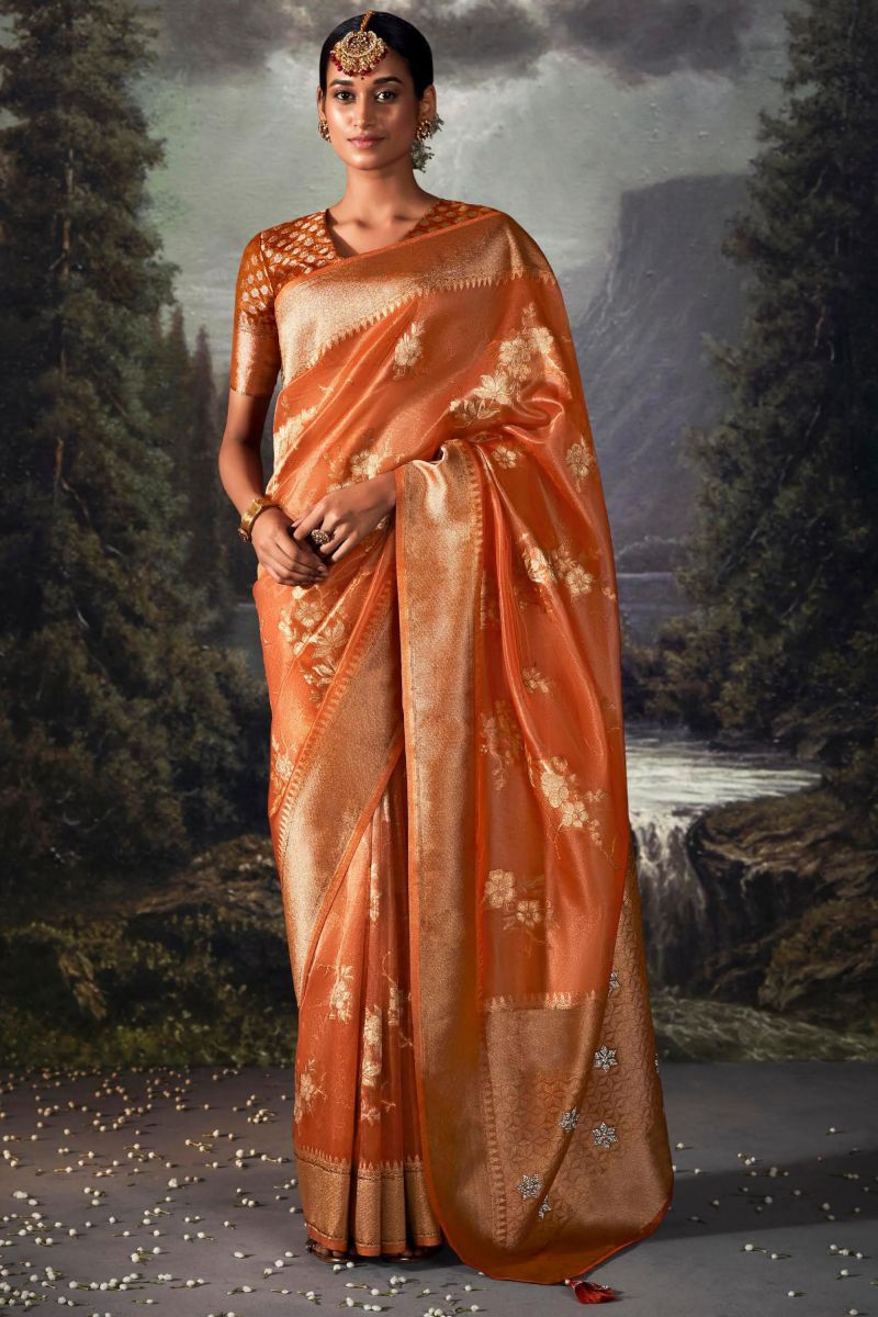 Art Silk Fabric Orange Color Weaving Work Saree