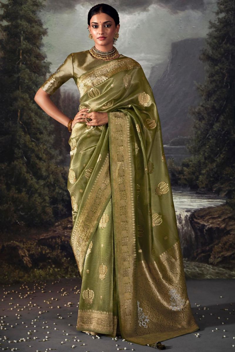 Green Color Weaving Work Art Silk Fabric Charming Look Saree