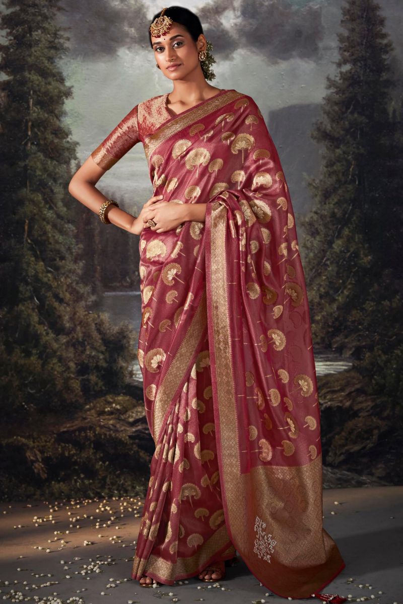 Maroon Color Banarasi Silk Fabric Weaving Work Function Wear Saree