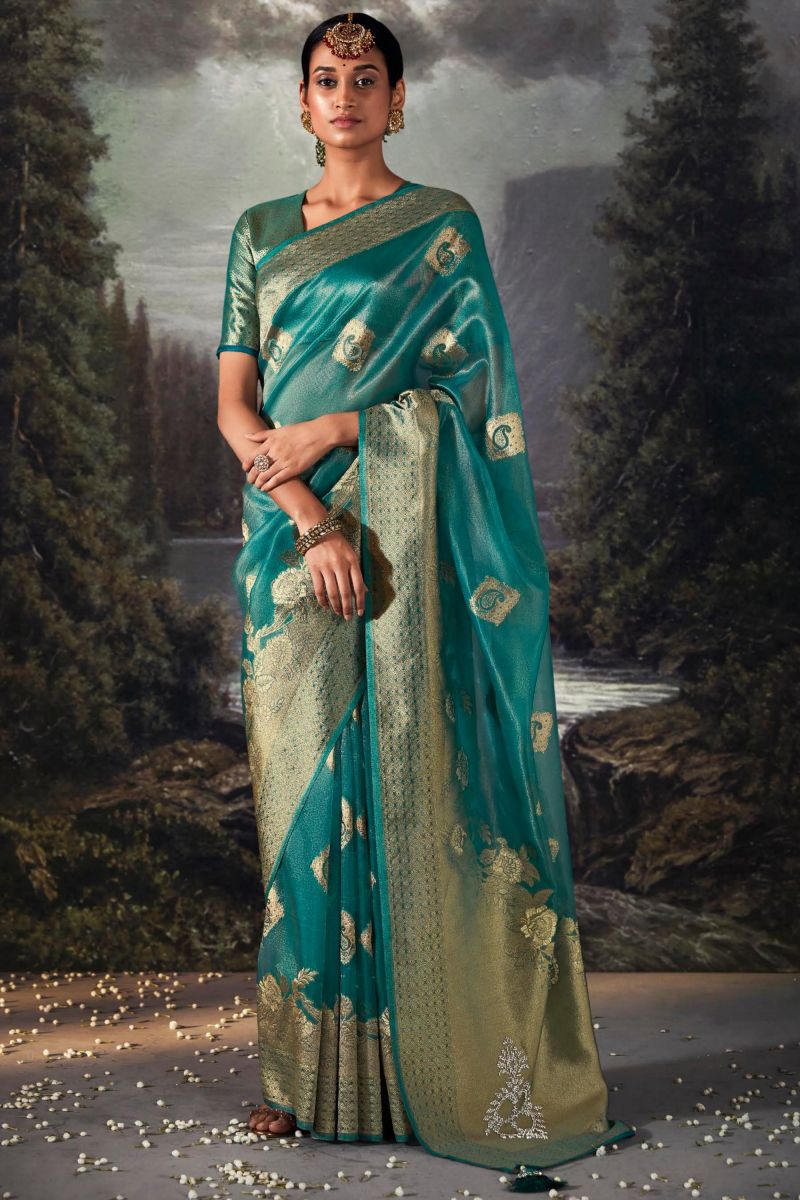 Weaving Work Cyan Color Fabulous Banarasi Silk Fabric Saree