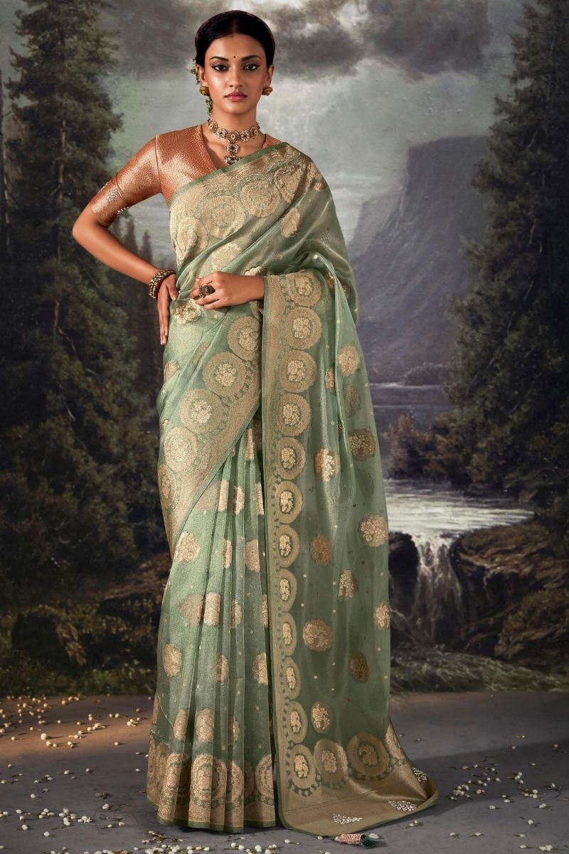 Sea Green Color Banarasi Silk Fabric Weaving Work Saree