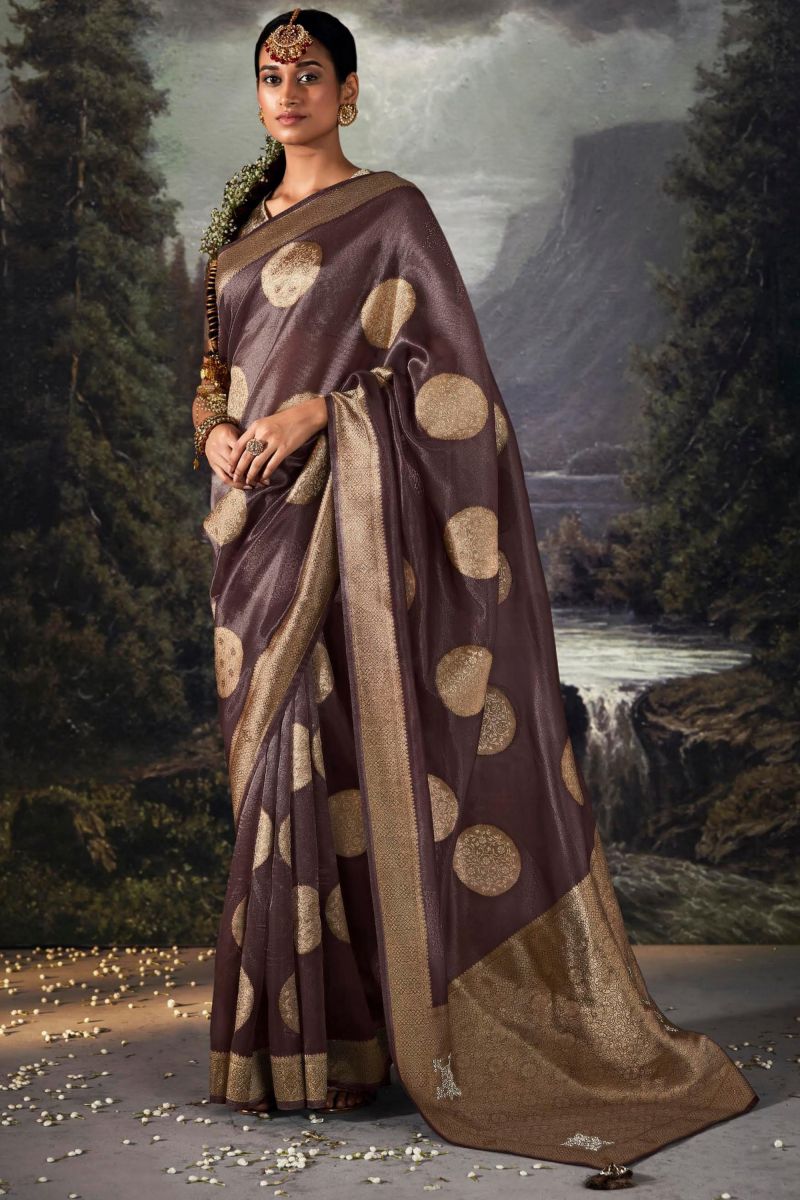 Banarasi Silk Fabric Weaving Work Glamorous Wine Color Saree