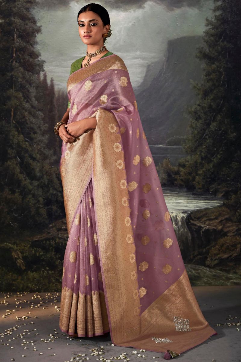 Weaving Work Pink Color Banarasi Silk Fabric Saree