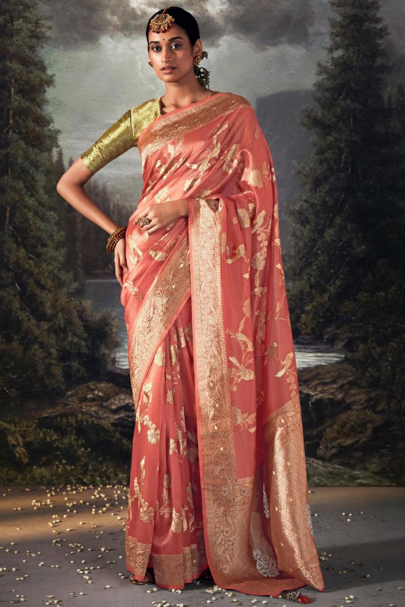 Traditional Look Peach Color Banarasi Silk Fabric Weaving Work Saree