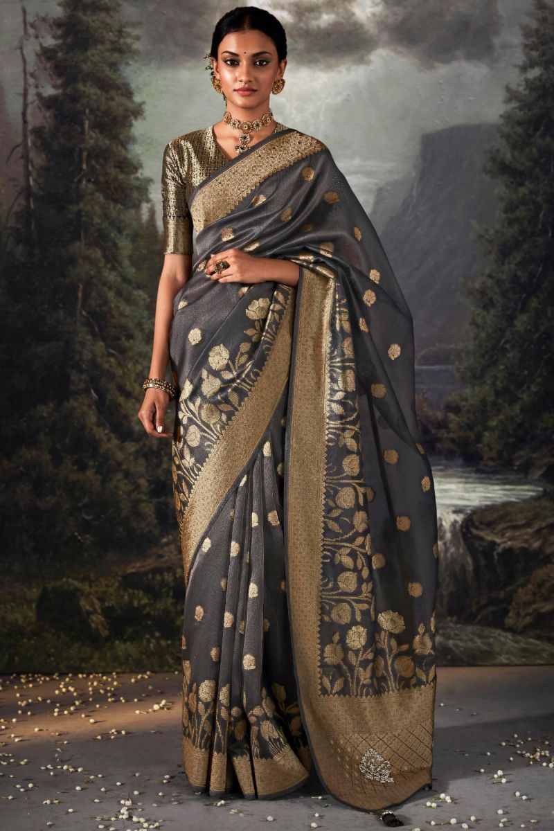 Grey Color Art Silk Fabric Weaving Work Saree