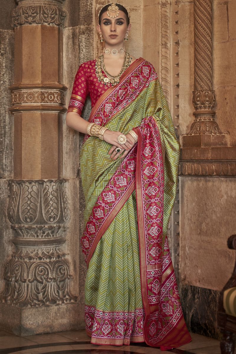 Green Color Art Silk Fabric Printed Patola Saree