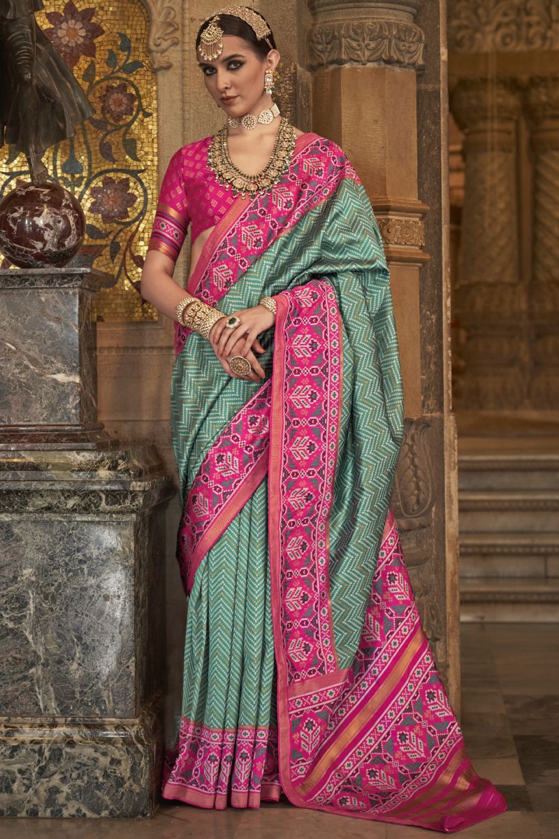 Sea Green Color Printed Art Silk Fabric Patola Saree