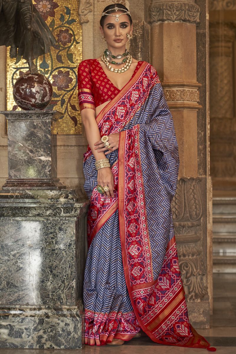 Look Printed Art Silk Fabric Navy Blue Color Patola Saree