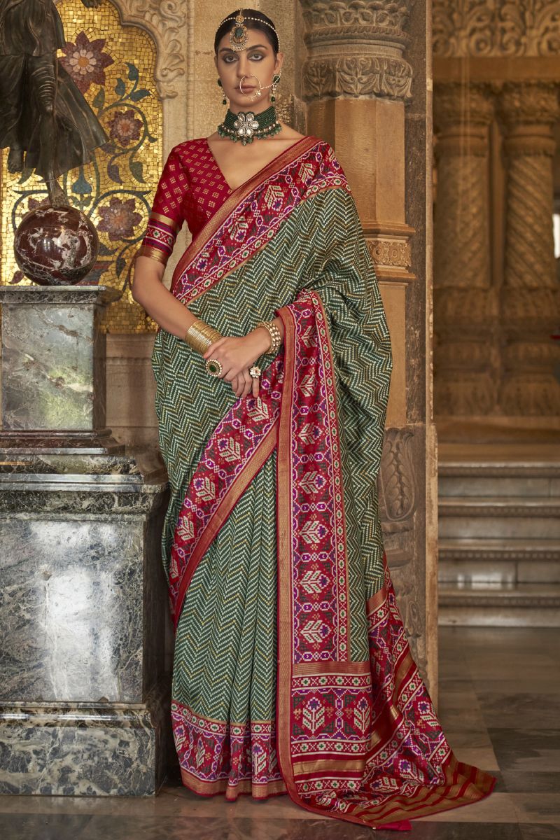 Art Silk Fabric Green Color Printed Patola Saree