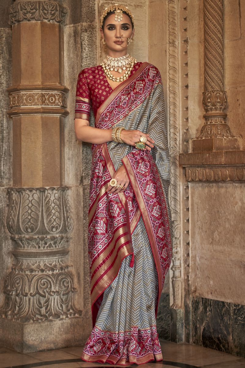 Grey Color Art Silk Fabric Printed Patola Saree