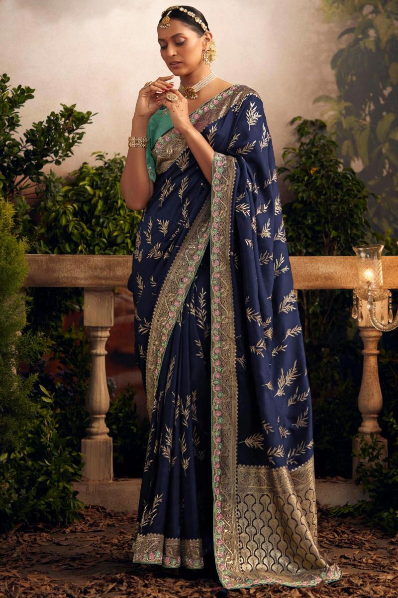 Navy Blue Color Weaving Work Art Silk Fabric Charming Look Saree With Contrast Blouse