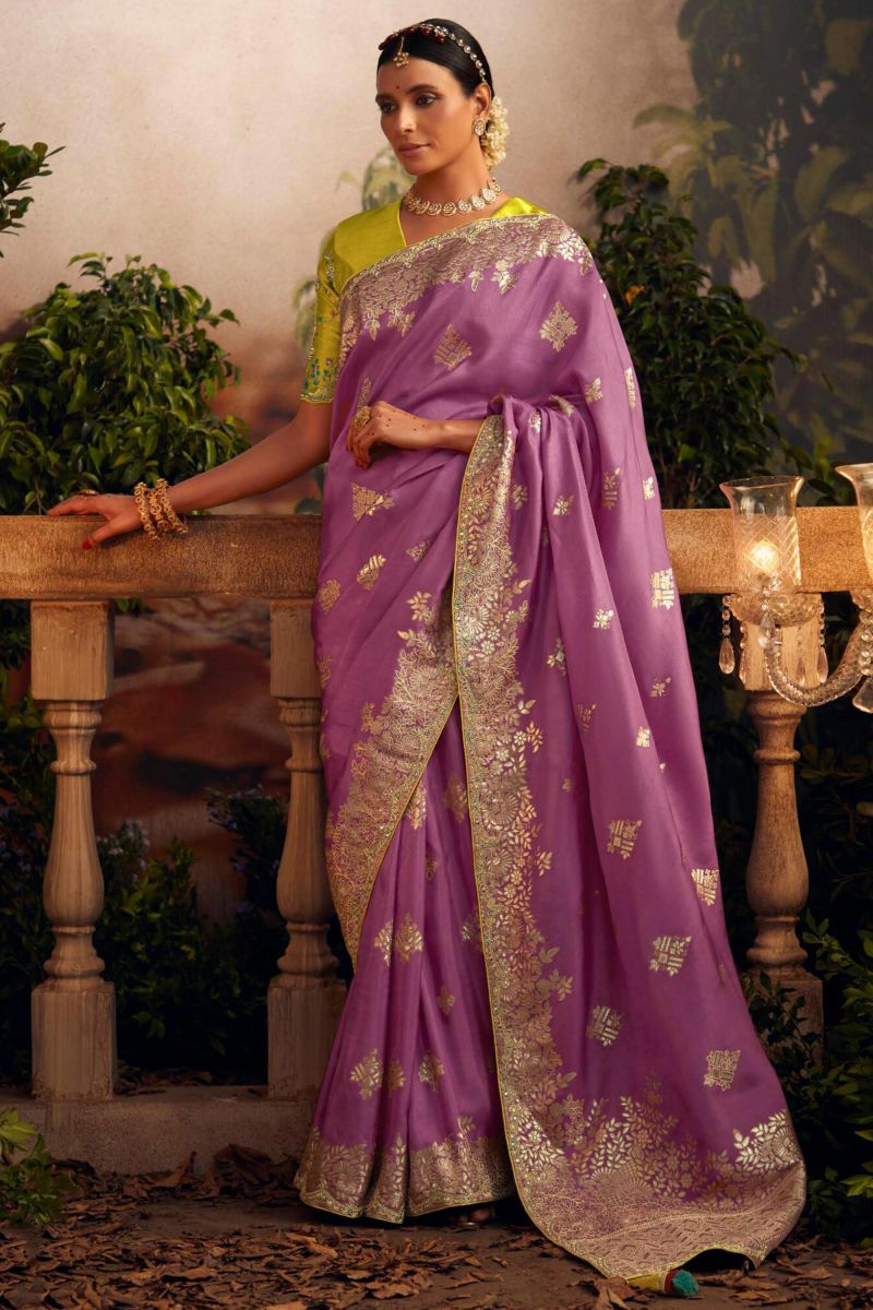 Pink Color Art Silk Fabric Weaving Work Saree With Contrast Blouse