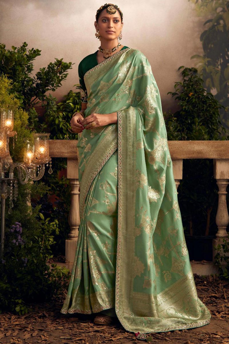 Sea Green Color Dola Silk Fabric Weaving Work Function Wear Saree With Contrast Blouse