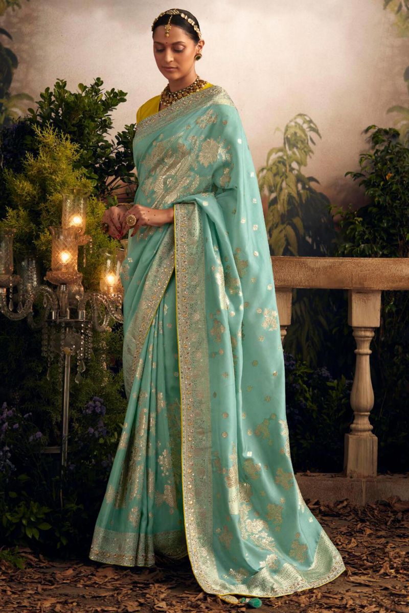 Weaving Work Light Cyan Color Dola Silk Fabric Saree With Contrast Blouse