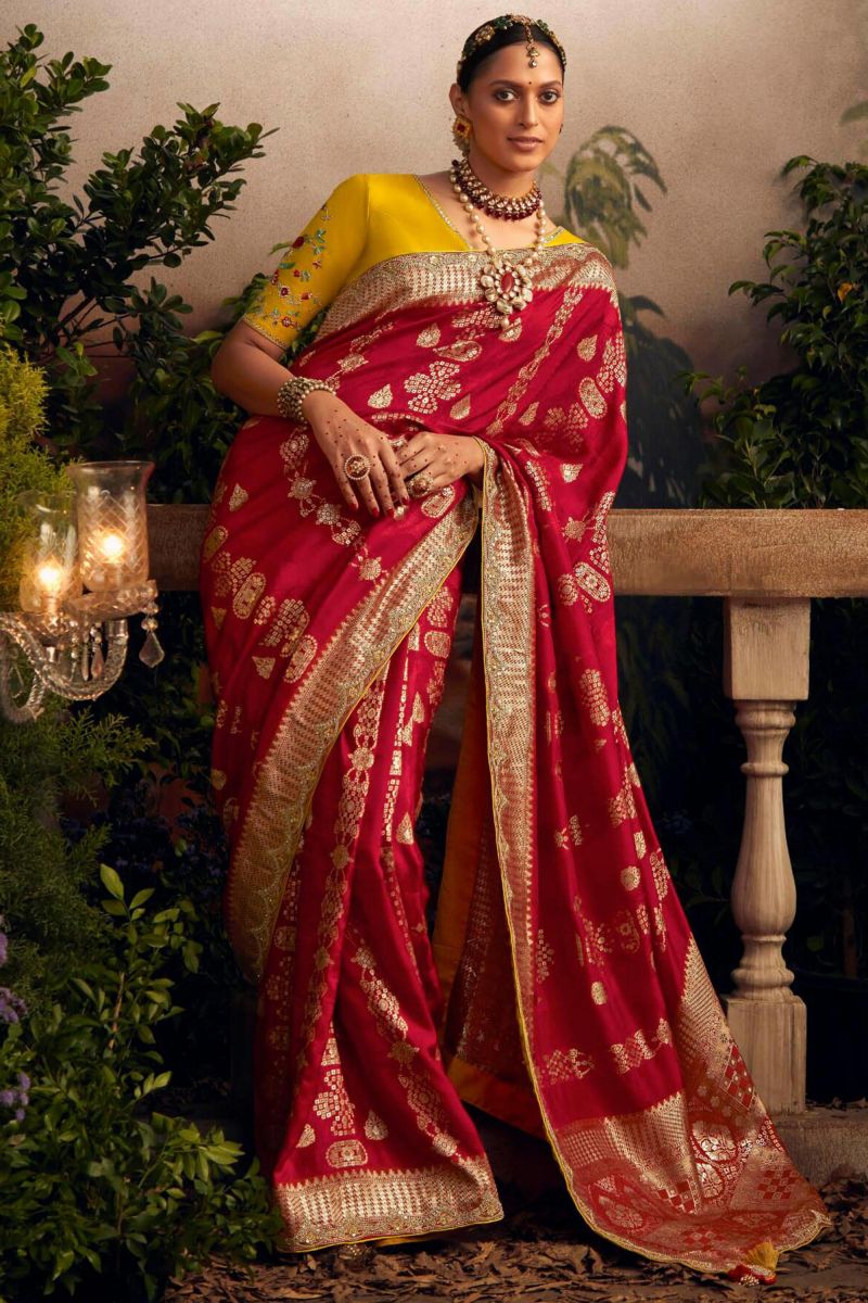 Red Color Dola Silk Fabric Weaving Work Saree With Contrast Blouse