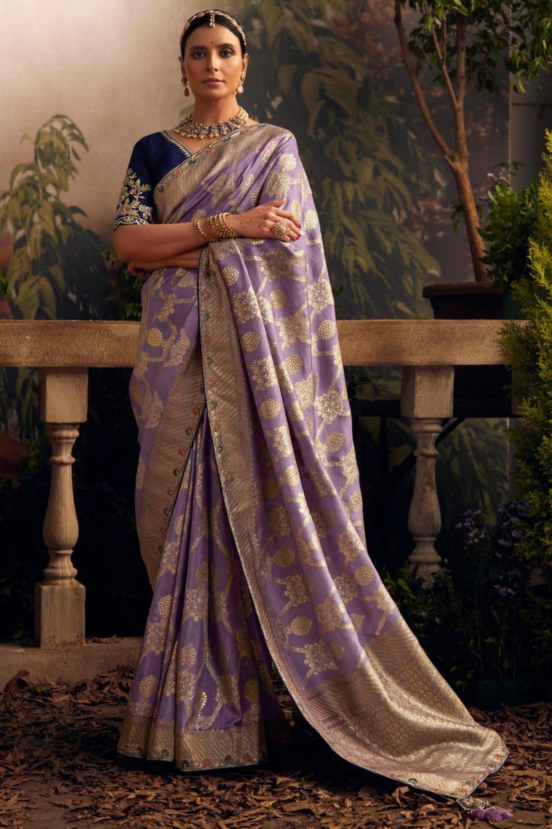 Dola Silk Fabric Weaving Work Lavender Color Saree With Contrast Blouse