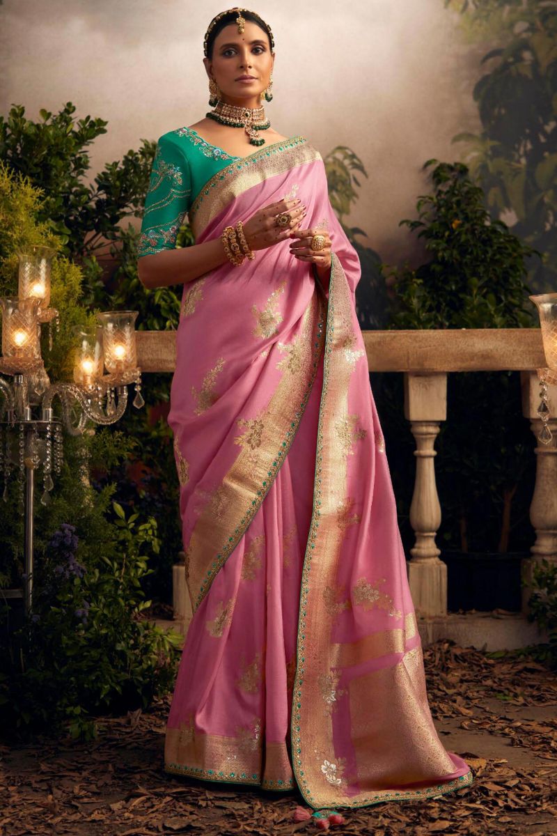 Traditional Look Pink Color Dola Silk Fabric Weaving Work Saree With Contrast Blouse
