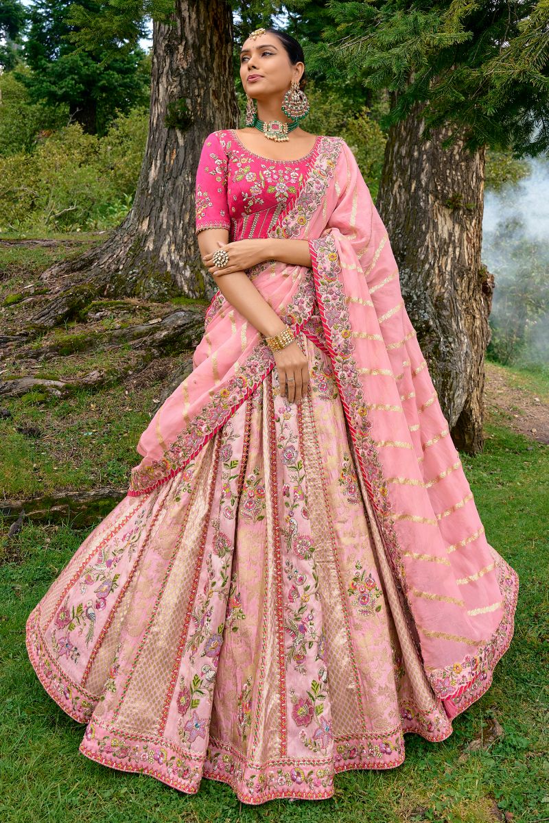 Silk Fabric Bridal Lehenga Choli With Embroidery Work In Pink Color