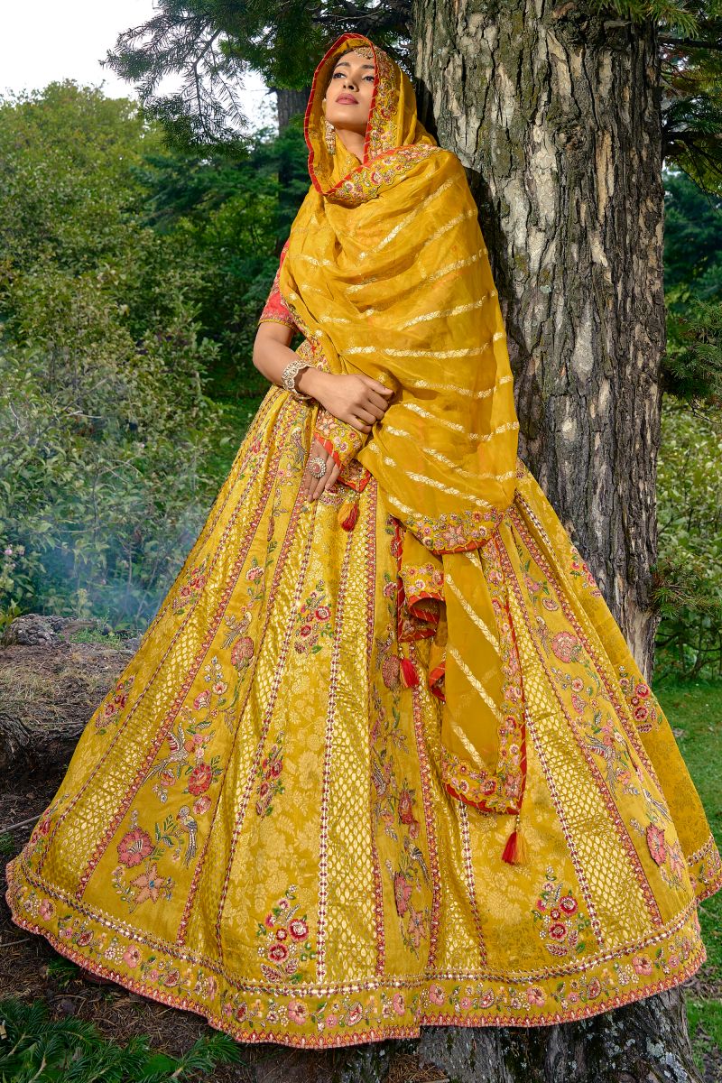 Embroidery Work Bridal Lehenga In Mustard Color Silk Fabric With Blouse