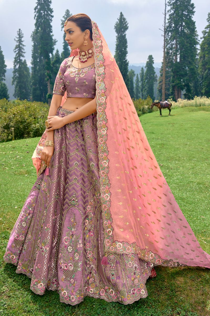 Embroidery Work Silk Fabric Designer Lehenga In Lavender Color With Blouse