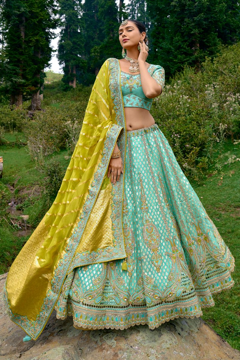 Silk Fabric Heavy Embroidery Work Sea Green Color Bridal Look Designer Lehenga Choli