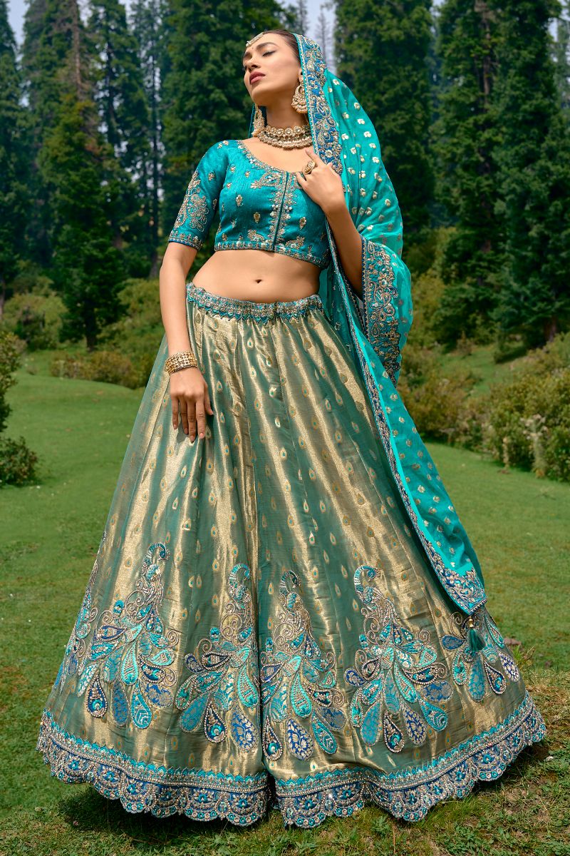 Embroidered Cyan Color Bridal Lehenga In Silk Fabric With Designer Choli