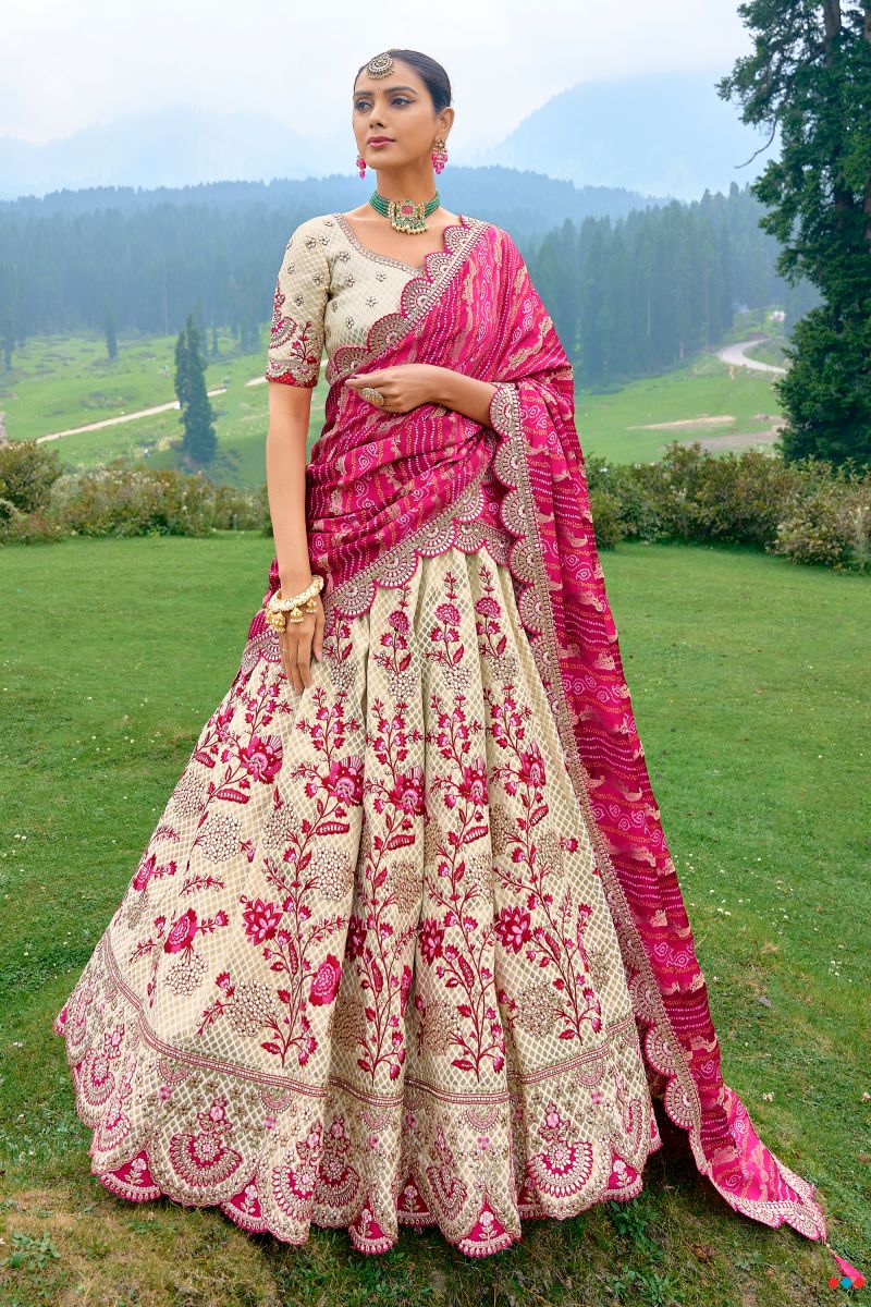 Beige Color Silk Fabric Bridal Lehenga Choli With Embroidery Work
