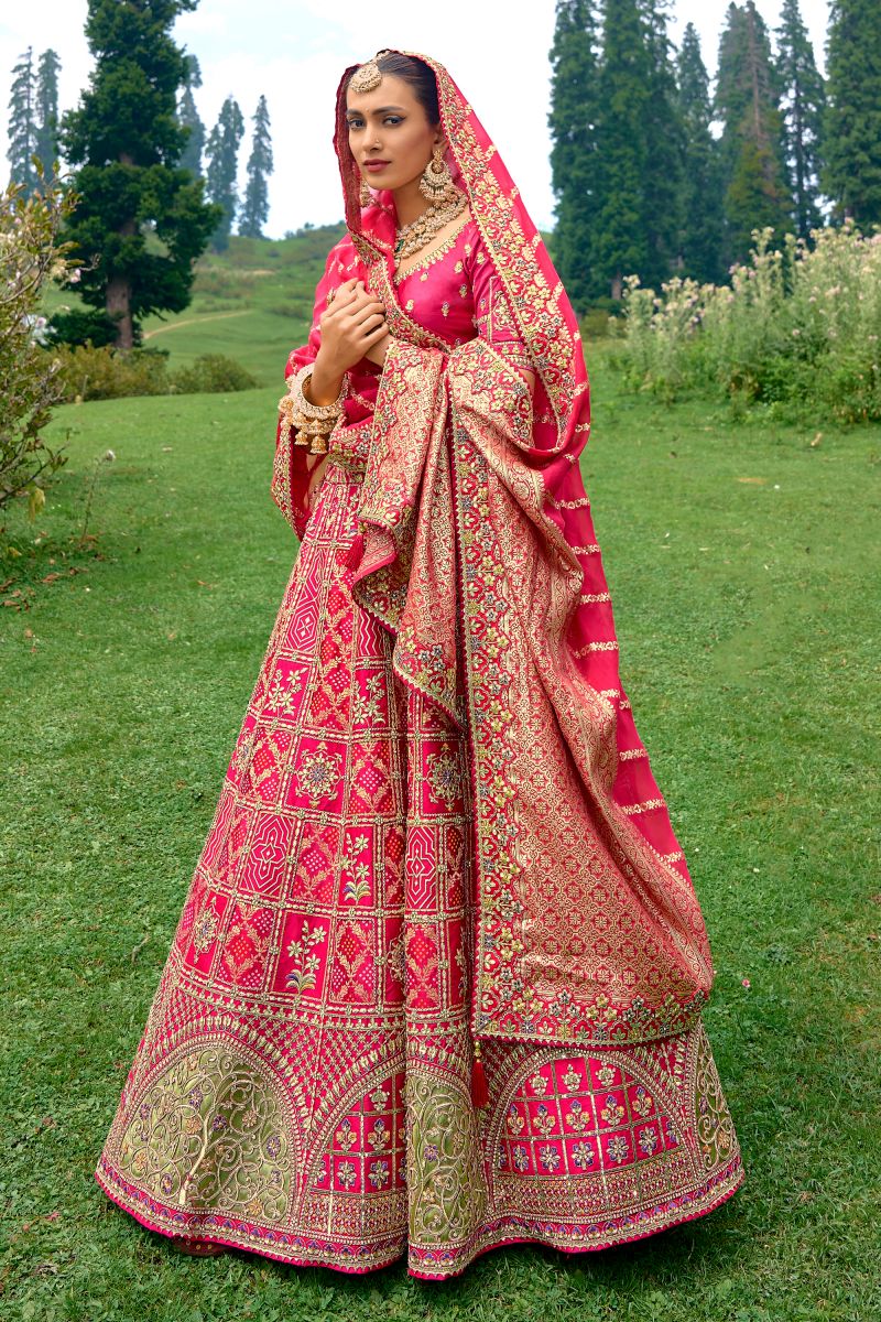 Silk Fabric Rani Color Wedding Wear 3 Piece Lehenga Choli With Embroidery Work