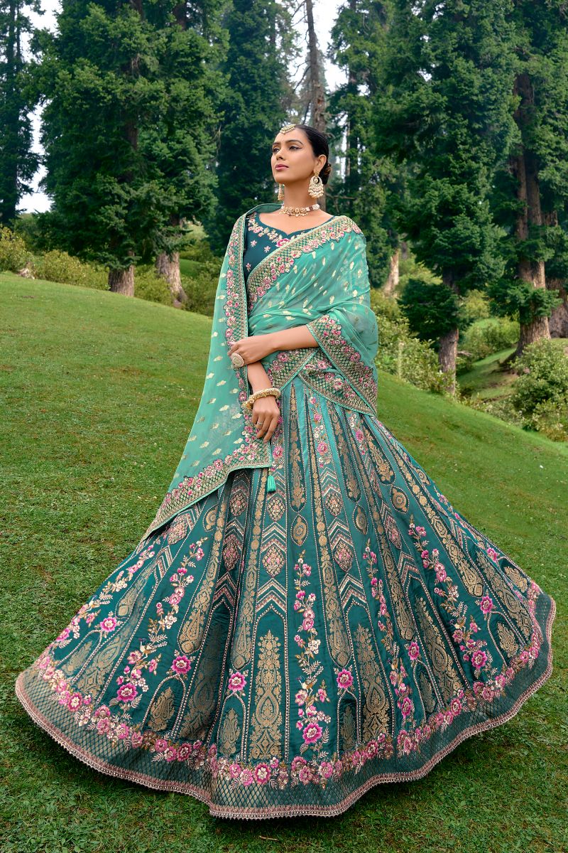 Embroidered Wedding Wear Lehenga Choli In Teal Color Silk Fabric
