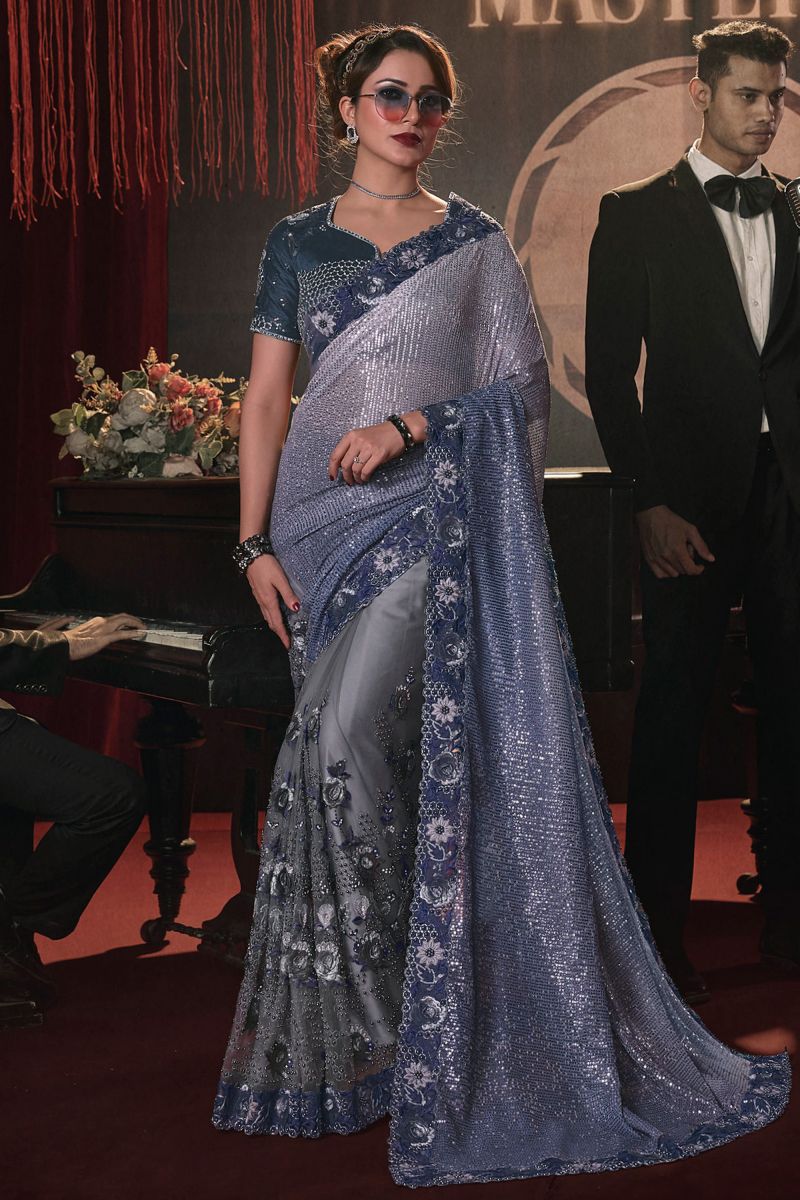 Heavy Embroidery Work Net Grey Color Saree