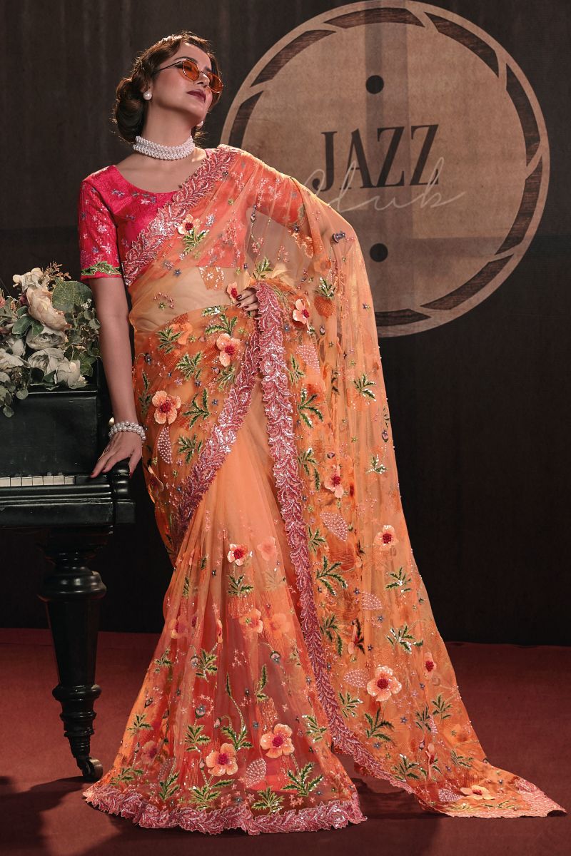 Orange Color Heavy Embroidery Work Net Saree