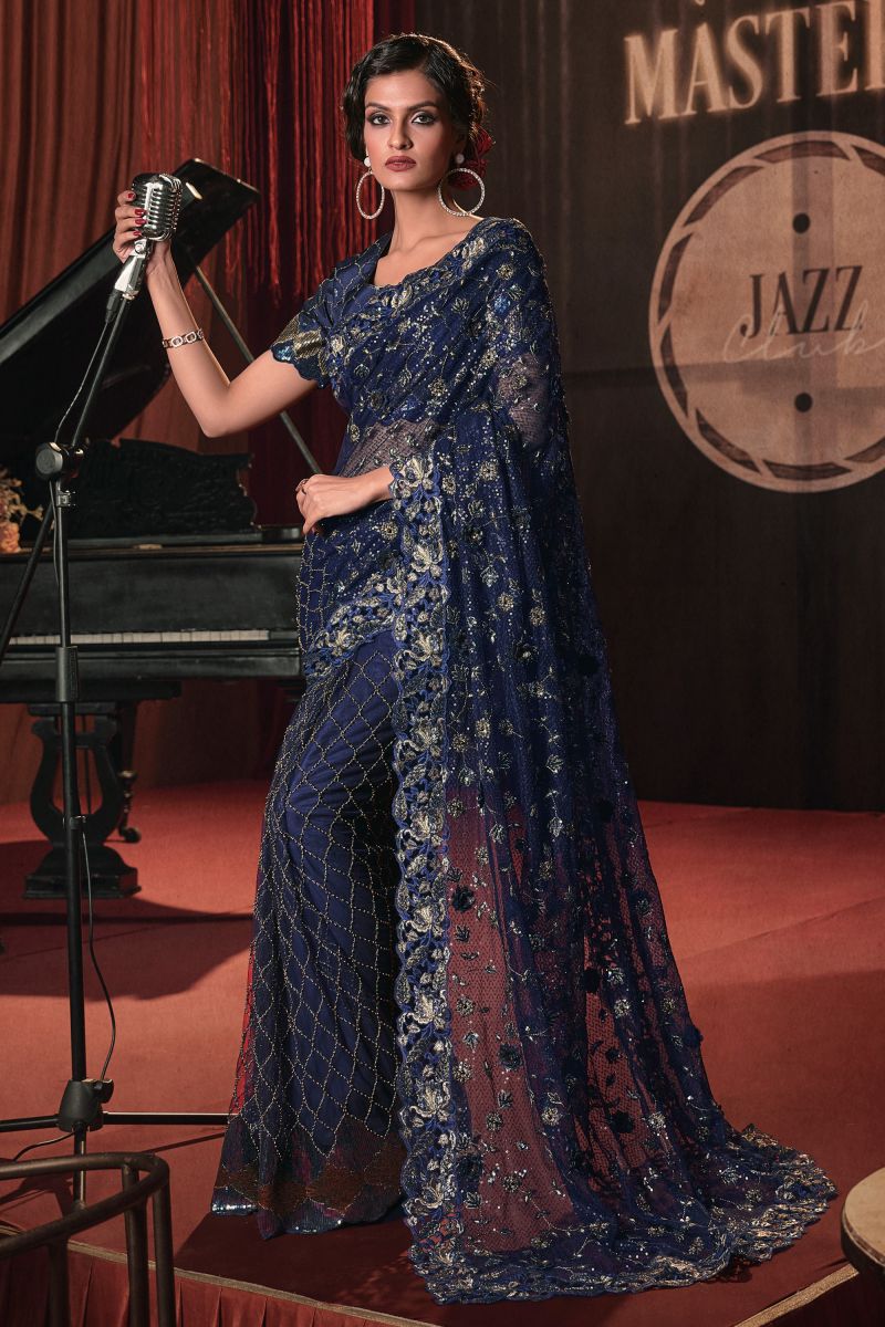 Heavy Embroidery Work Creative Blue Color Net Saree