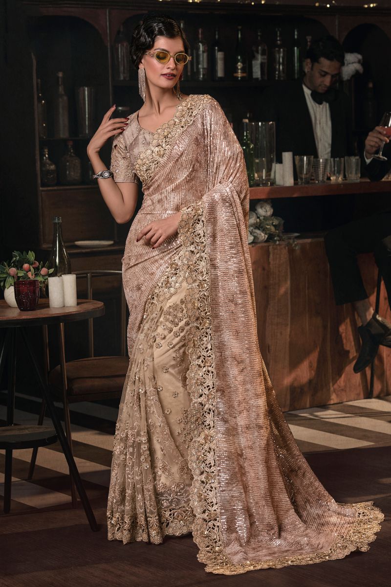 Heavy Embroidery Work Net Chikoo Color Saree
