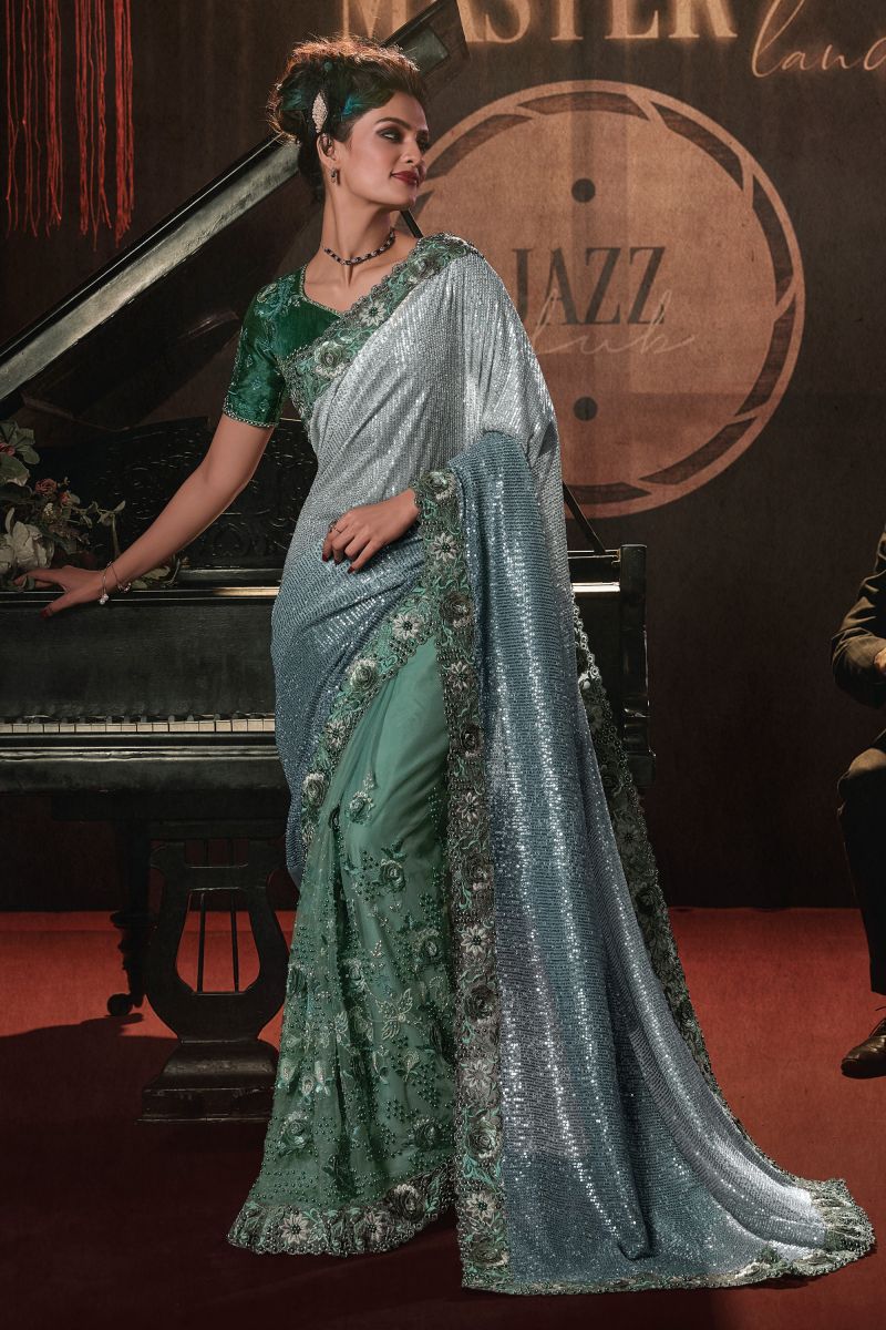 Sea Green Color Heavy Embroidery Work Net Saree