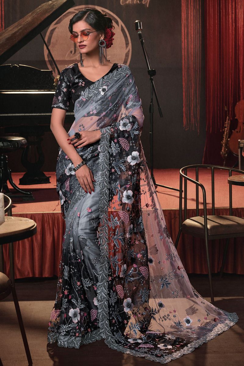 Net Grey Color Heavy Embroidery Work Saree