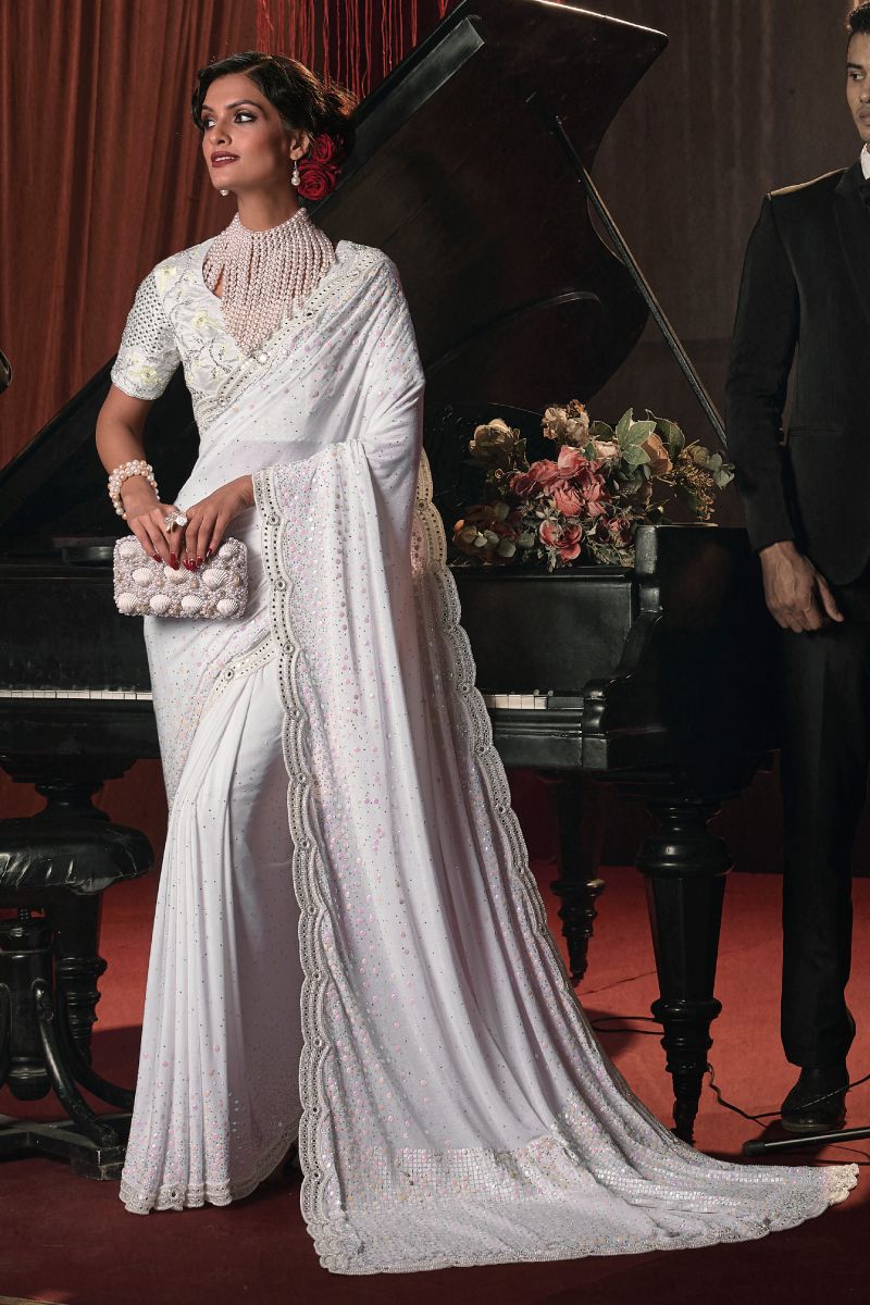 Heavy Embroidery Work Net White Color Saree
