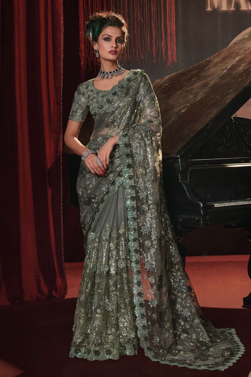 Net Olive Color Heavy Embroidery Work Saree
