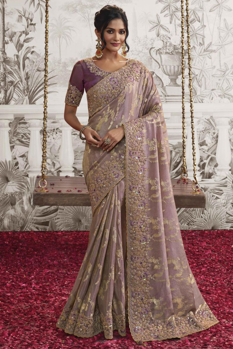 Heavy Embroidery Work Fancy Fabric Lavender Color Saree With Party Look Blouse