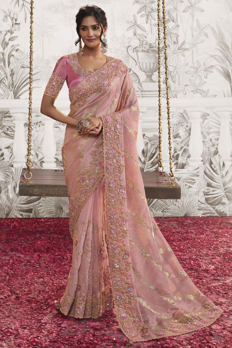 Pink Color Fancy Fabric Heavy Embroidery Work Saree With Party Look Blouse