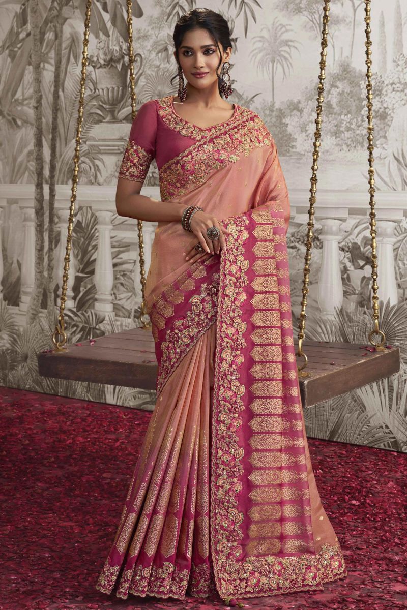 Heavy Embroidery Work Creative Pink Color Fancy Fabric Saree With Party Look Blouse