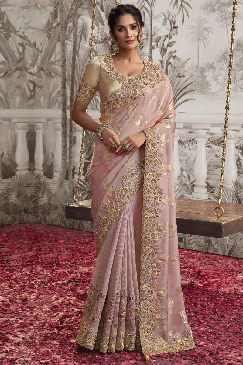 Pink Color Heavy Embroidery Work Fancy Fabric Saree With Party Look Blouse