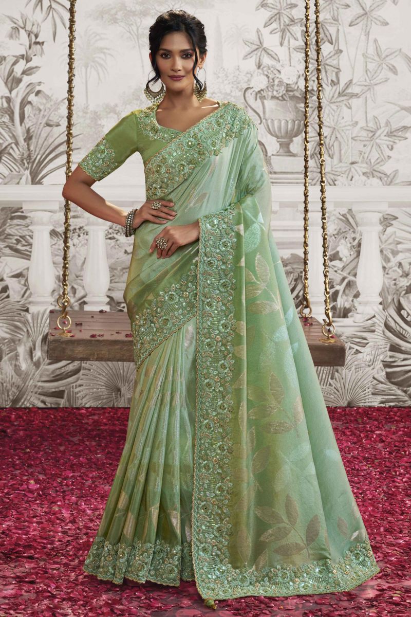 Fancy Fabric Sea Green Color Heavy Embroidery Work Saree With Party Look Blouse