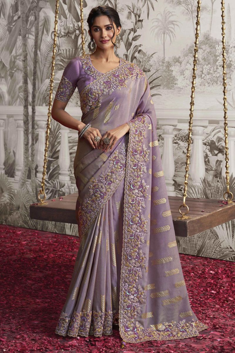 Heavy Embroidery Work Beguiling Lavender Color Fancy Fabric Saree With Party Look Blouse