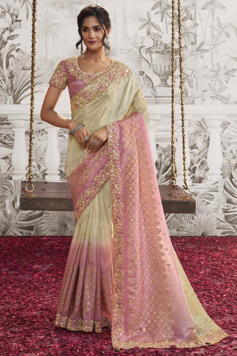 Heavy Embroidery Work Fancy Fabric Beige Color Saree With Party Look Blouse