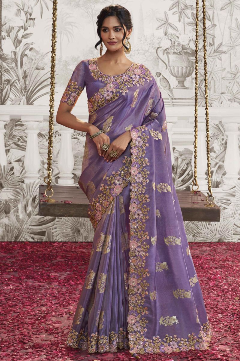 Fancy Fabric Purple Color Heavy Embroidery Work Saree With Party Look Blouse