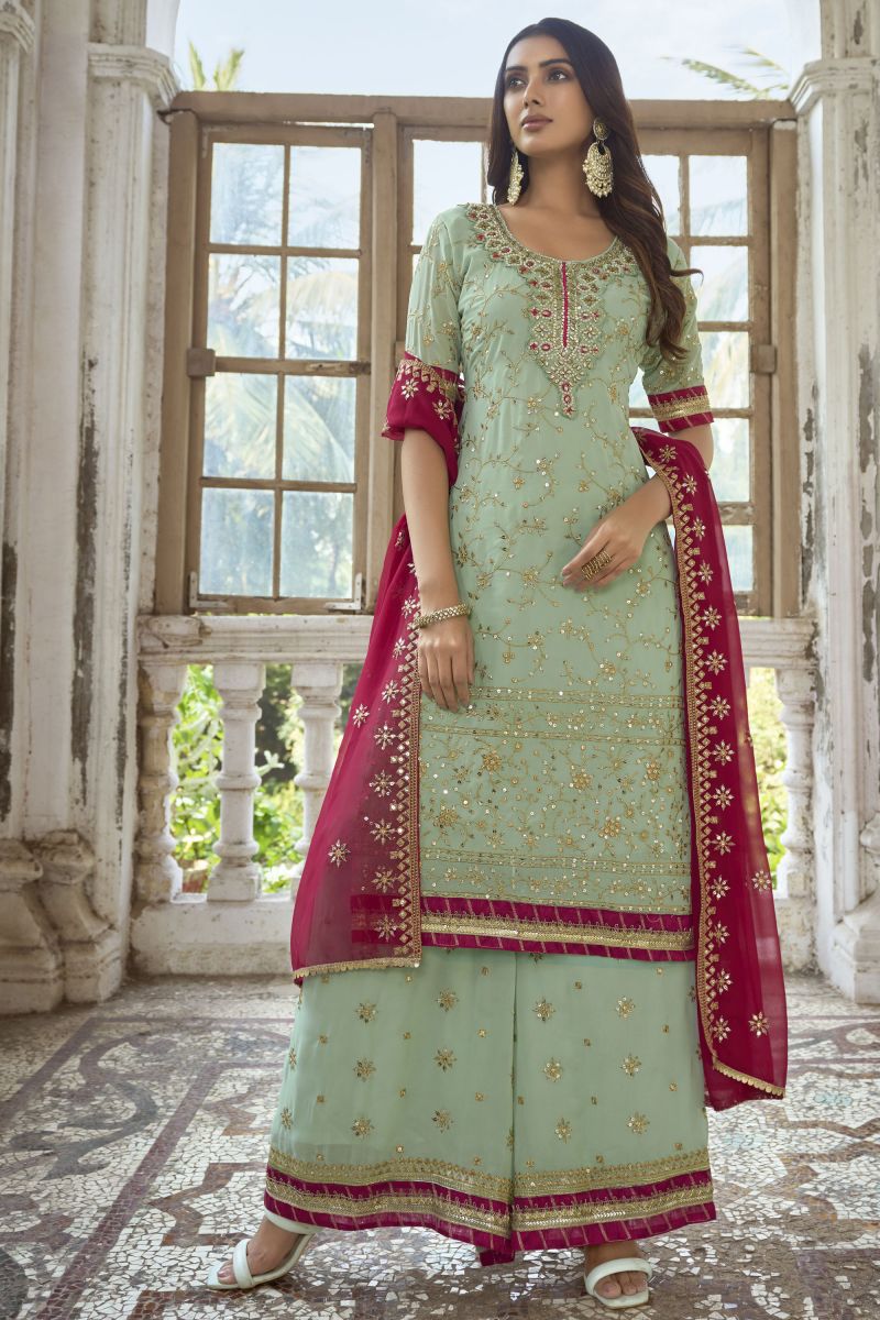 Embroidered Georgette Fabric Palazzo Suit In Sea Green Color