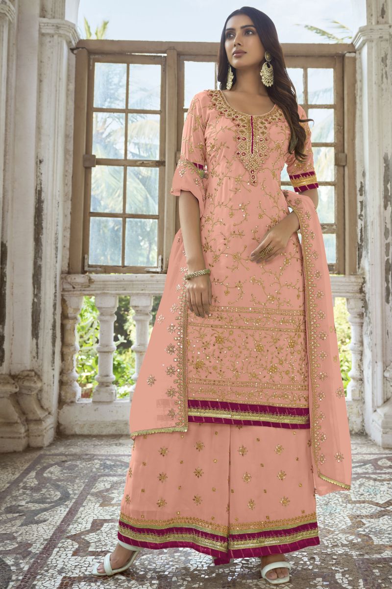 Peach Color Embroidered Palazzo Salwar Suit In Georgette Fabric