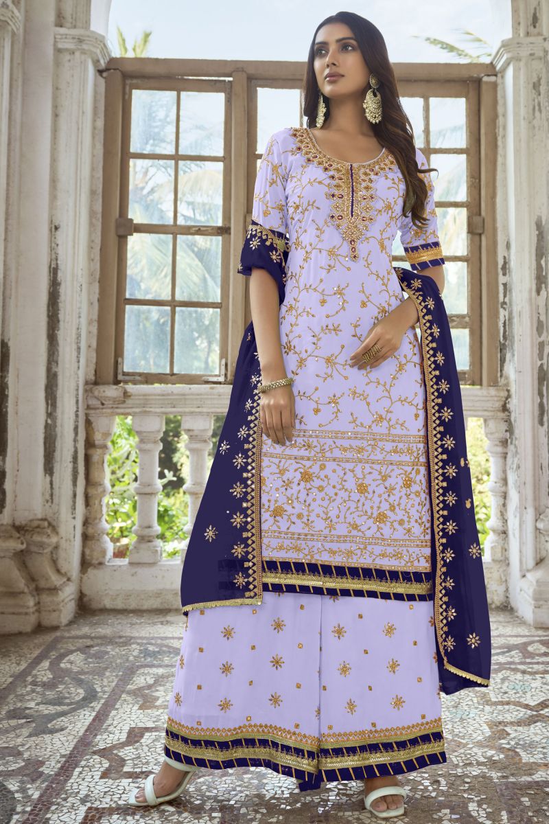 Lavender Color Georgette Fabric Fancy Embroidered Function Wear Palazzo Salwar Suit